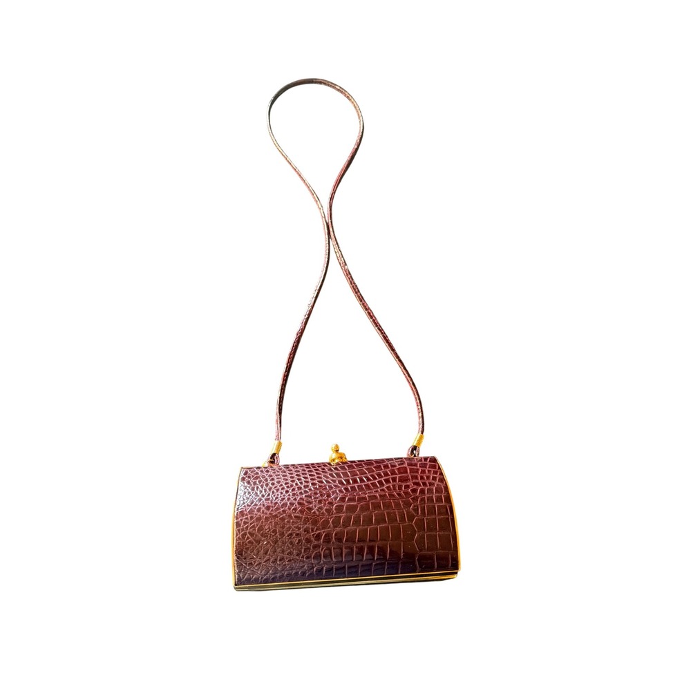 Evening Clutch Burgundy Croc Kiss Lock Gold Frame Shoulder Bag